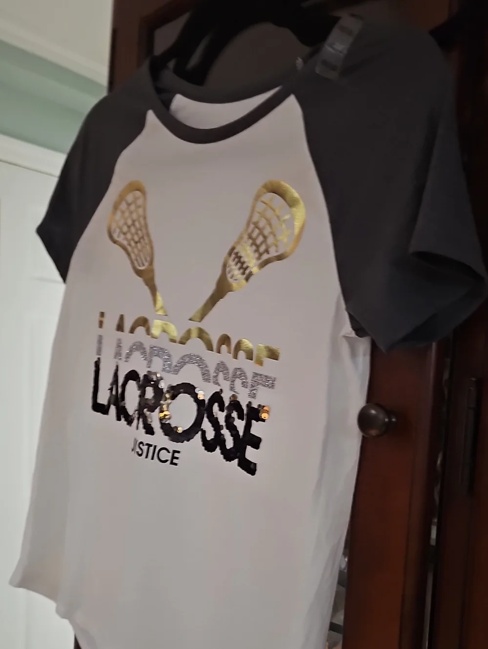 Justice Lacrosse Raglan Glitter Tee - White with Charcoal Sleeves Sz 14-16 Nwt
